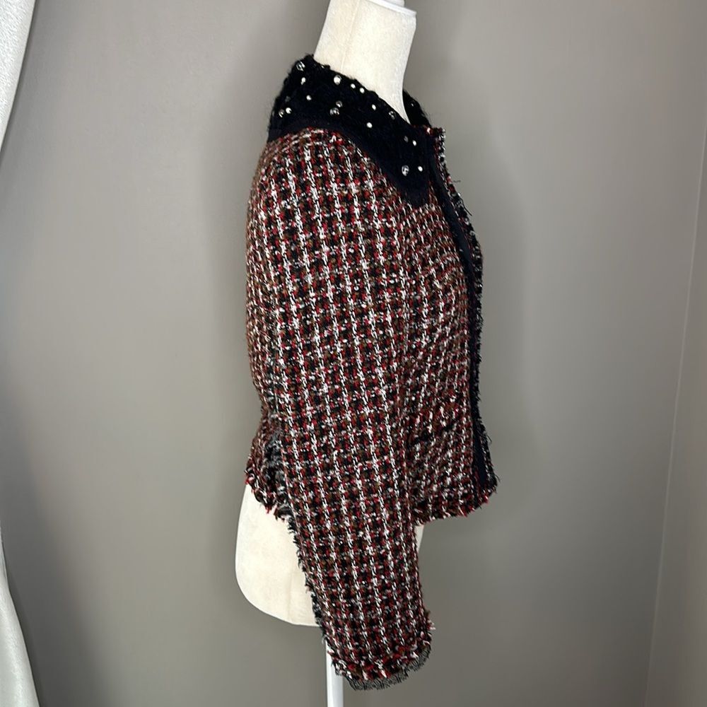 ZARA BLACK RED PLAID TWEED BEADED JACKET size small - Picture 9 of 13